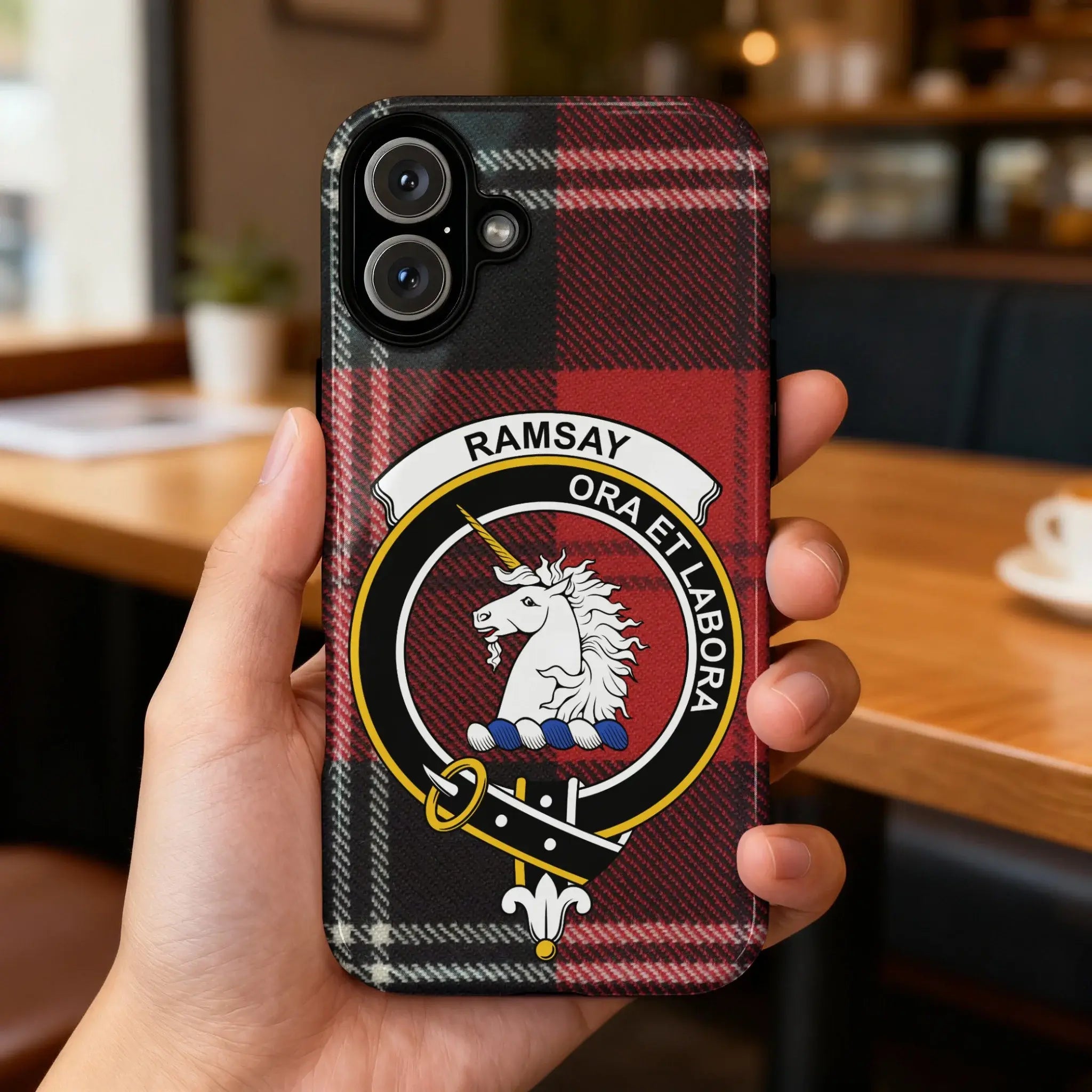 Clan Ramsay tartan case back view — full red plaid with unicorn crest design