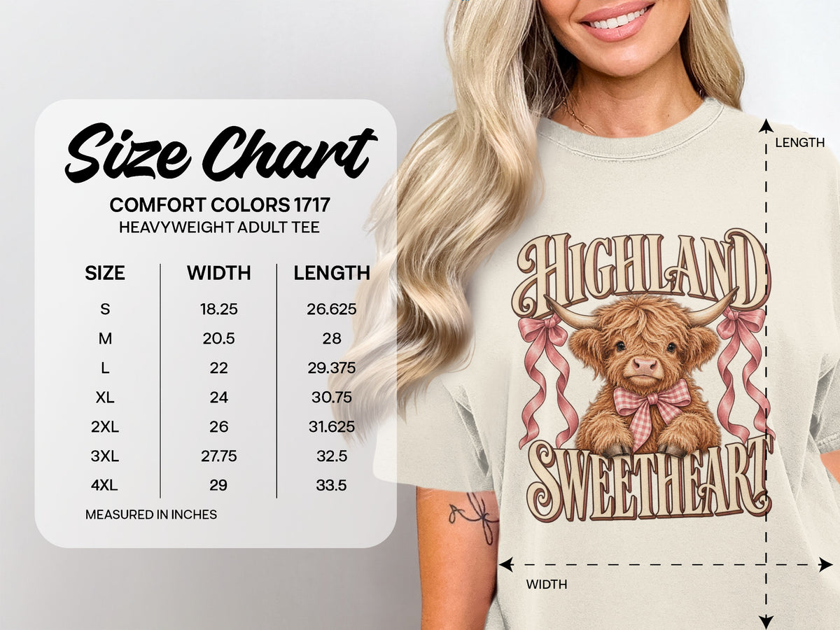 Comfort Colors 1717 size chart, S–4XL, for the Highland Sweetheart Highland cow T-shirt