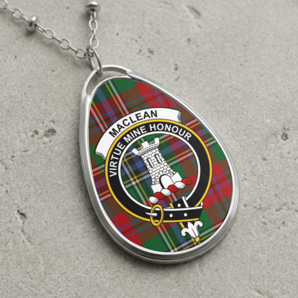 Tartan pendant necklace with Maclean crest and "Virtue Mine Honour" motto.