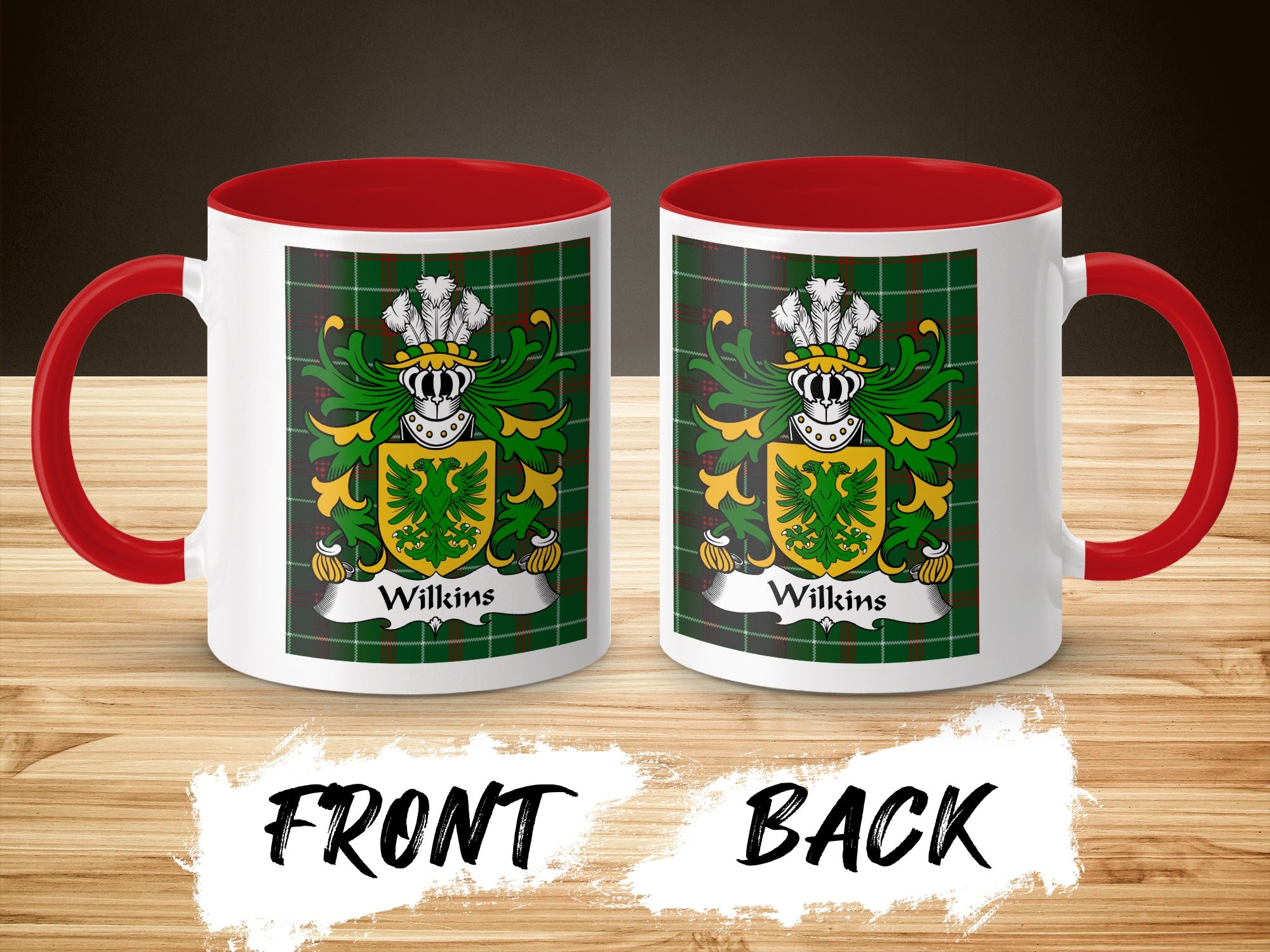 Two white mugs with red handles and interiors, featuring the Wilkins coat of arms.