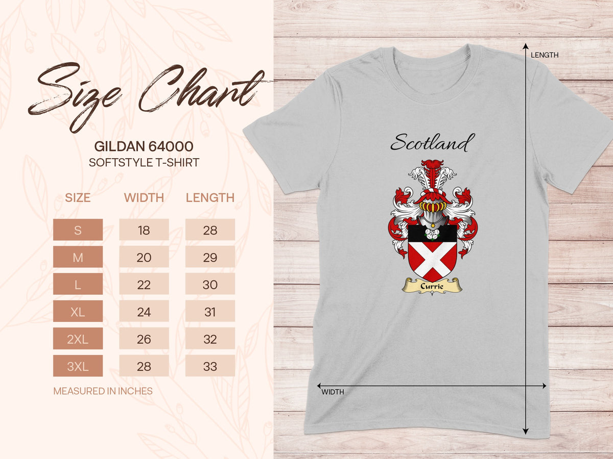 Gildan 64000 size chart for the Currie unisex T-shirt, sizes S to 3XL