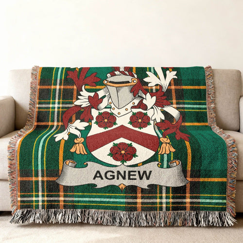 Agnew family emblem woven into a green Irish National Tartan blanket