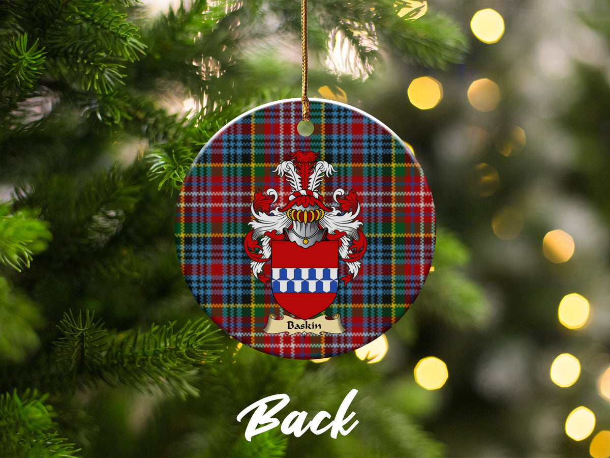 Double-sided Baskin ceramic ornament with family shield and Caledonia tartan background