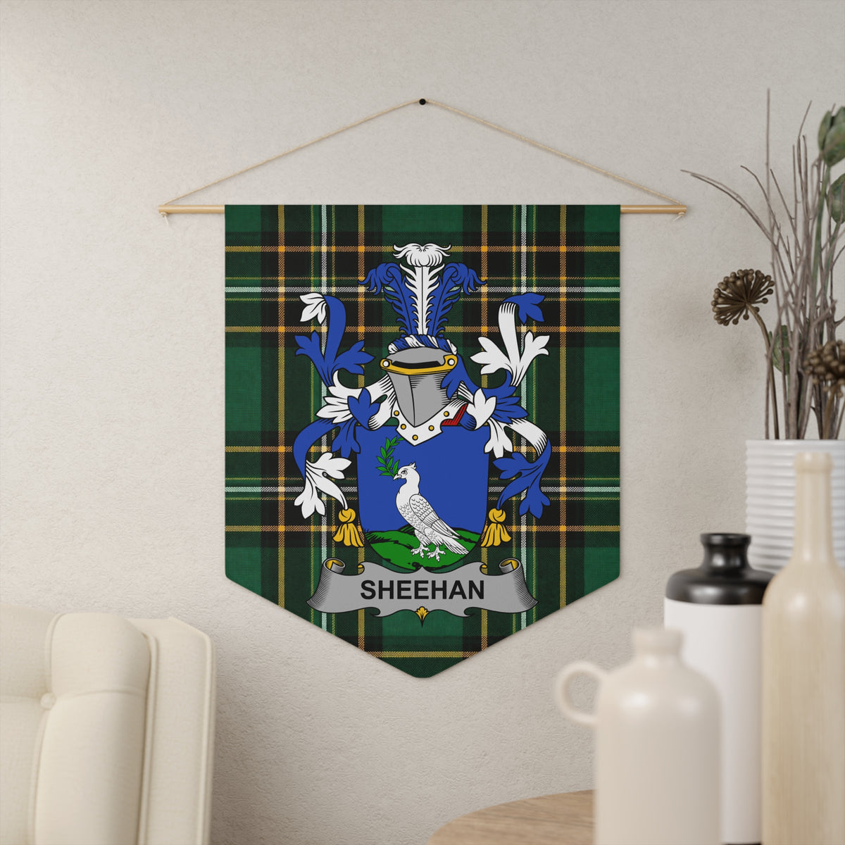 Close view of the Sheehan family crest on the Irish National Tartan wall pennant