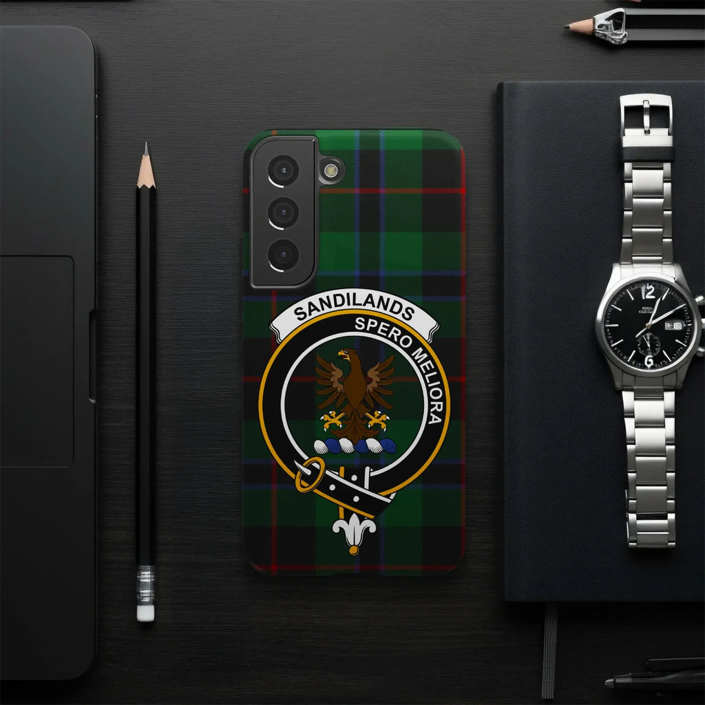 Sandilands Spero Meliora tartan phone case cover — edge-to-edge print, slim glossy build on iPhone