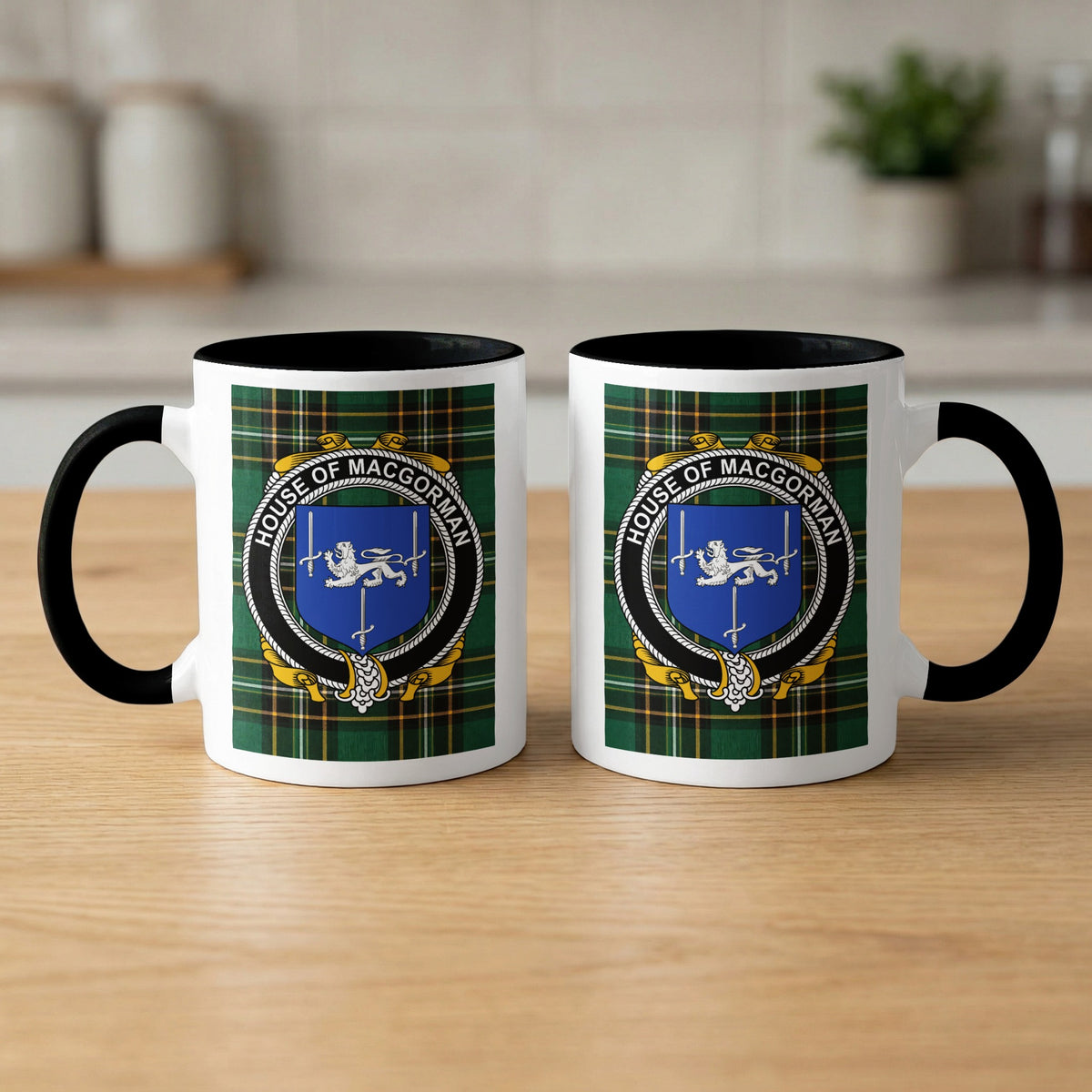 MacGorman family crest emblem mug with black handle and interior