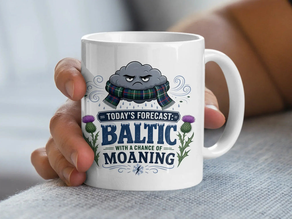 Mug with a grumpy cloud, scarf, thistles, and text "Today's Forecast: Baltic with a chance of moaning."