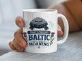 Mug with a grumpy cloud, scarf, thistles, and text "Today's Forecast: Baltic with a chance of moaning."