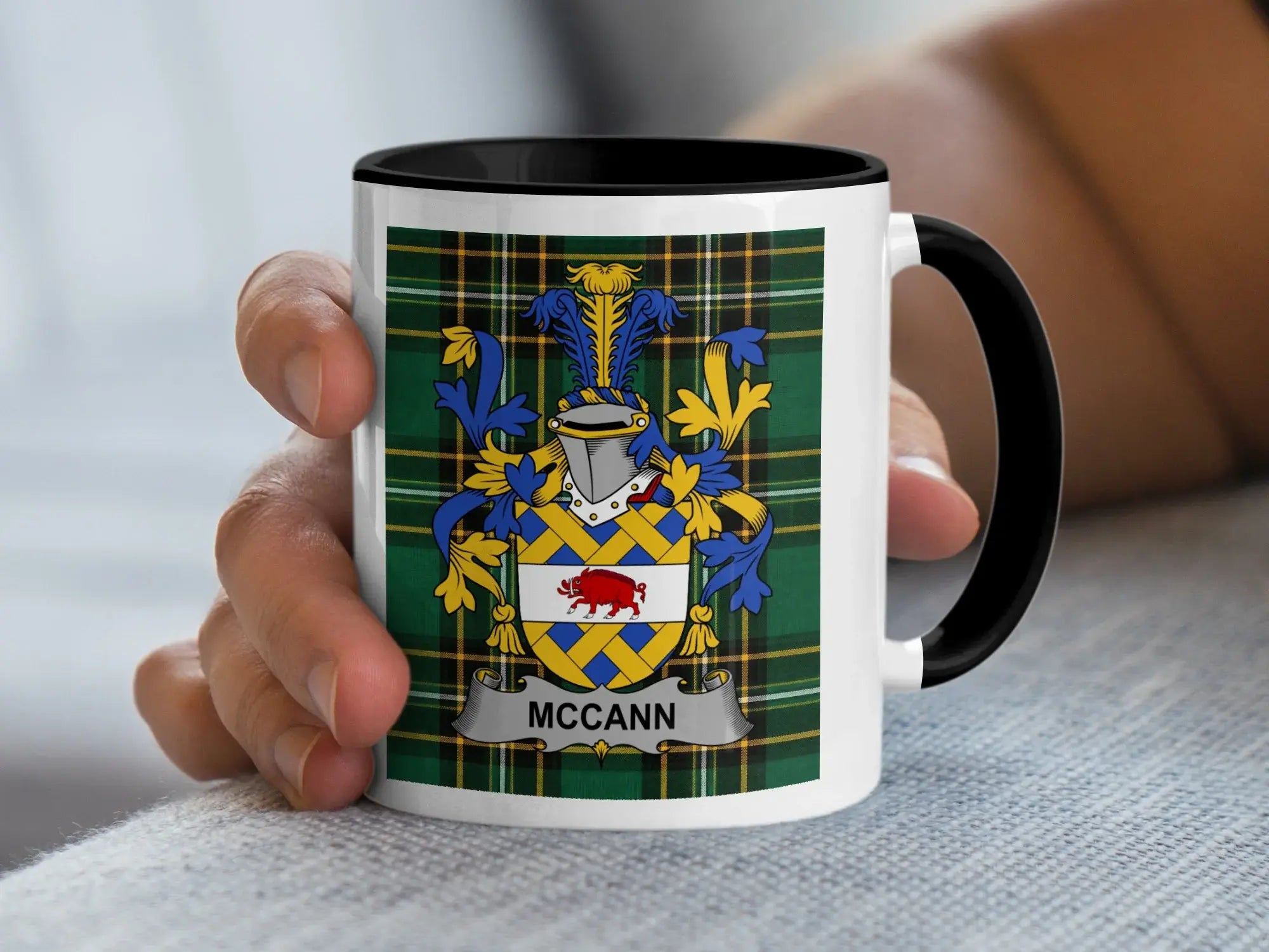 McCann Irish family crest black accent mug