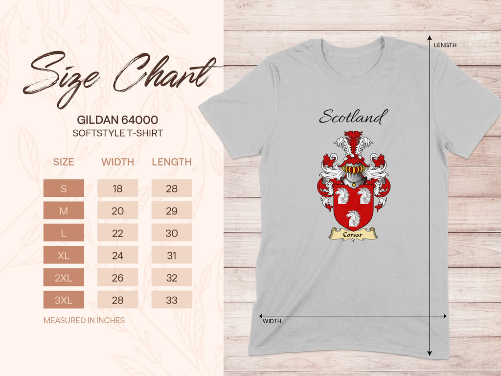 Gildan 64000 size chart for the Corsar unisex T-shirt, sizes S to 3XL