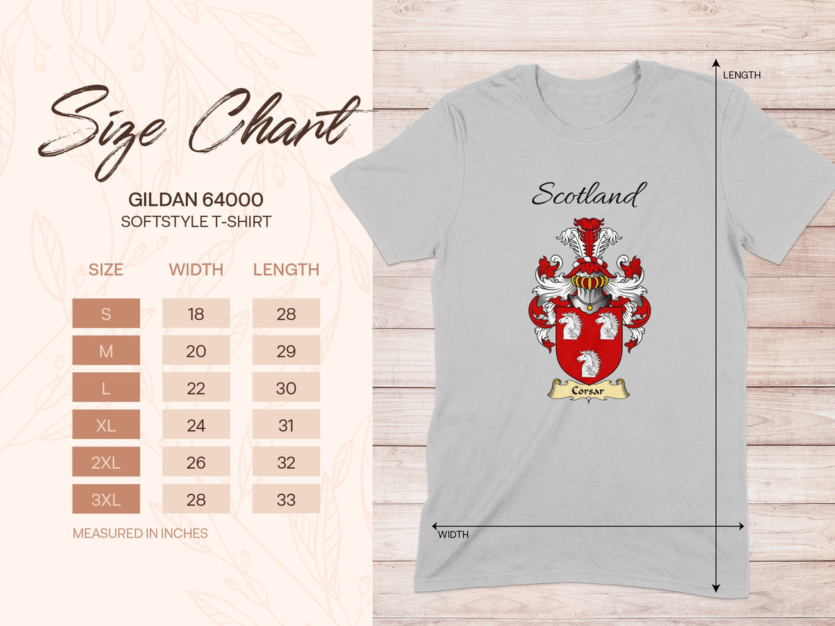 Gildan 64000 size chart for the Corsar unisex T-shirt, sizes S to 3XL