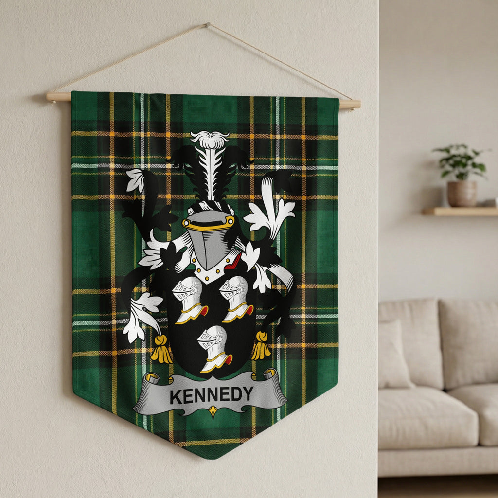 Kennedy family crest on green tartan banner hanging on a wall.