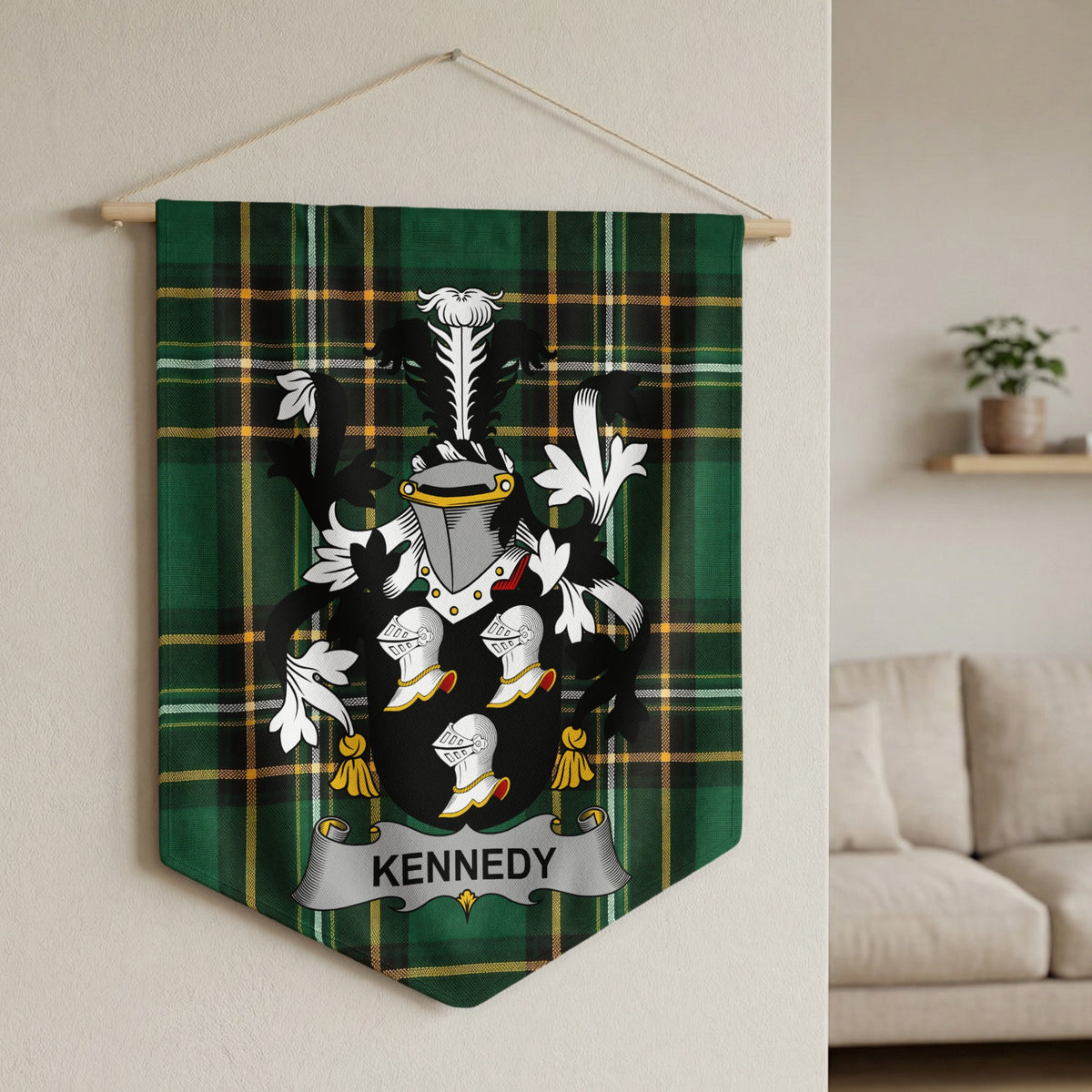 Kennedy family crest on green tartan banner hanging on a wall.