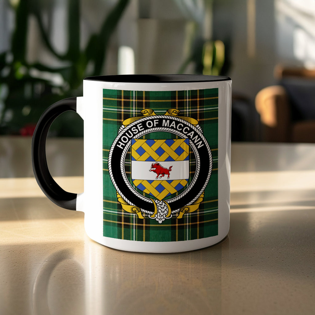 MacCann accent mug displayed with the Irish National Tartan design