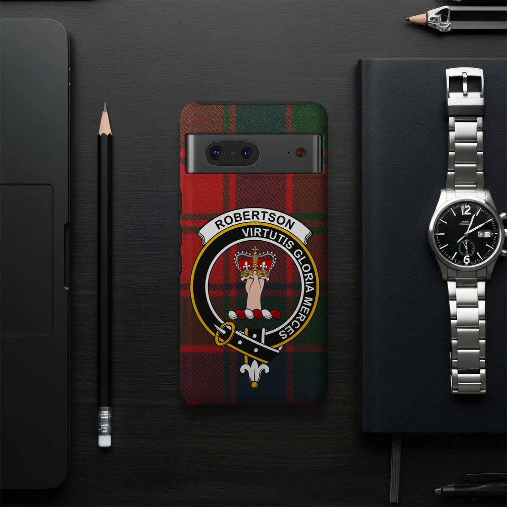 Robertson crest phone case — slim dual-layer profile, Google Pixel shown