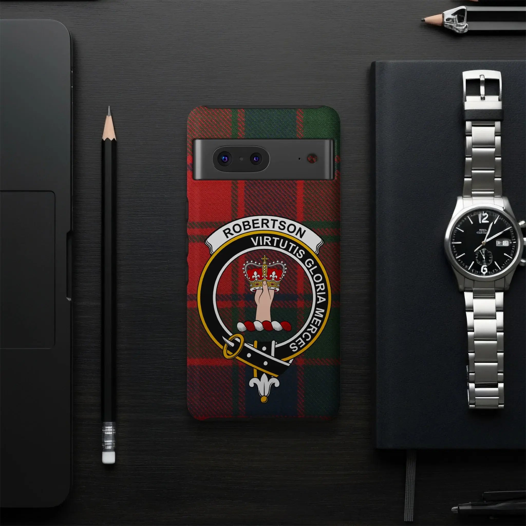 Robertson crest phone case — slim dual-layer profile, Google Pixel shown