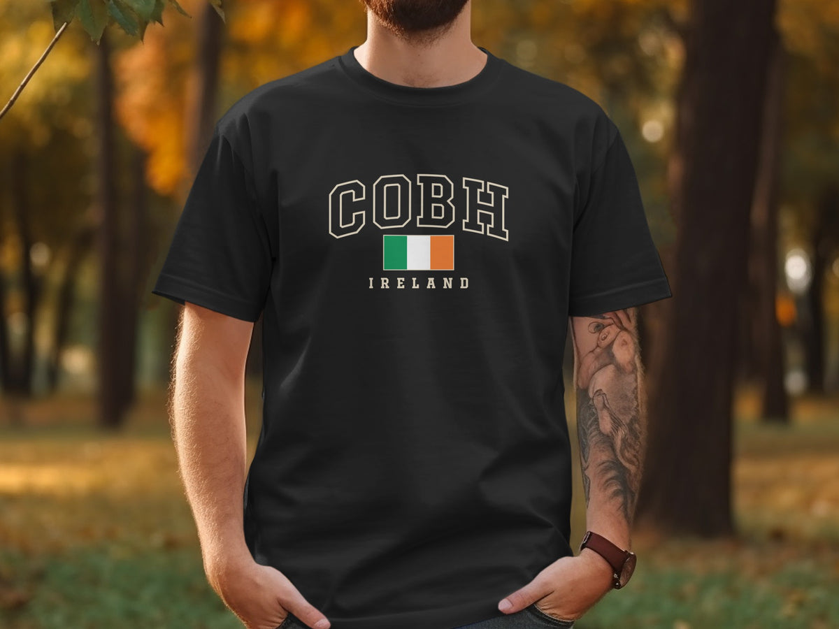 Black t-shirt with "COBH IRELAND" and Irish flag.