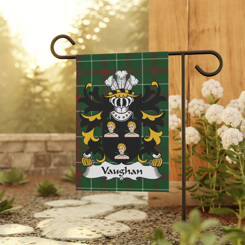 Vaughan family crest on a green plaid garden flag.