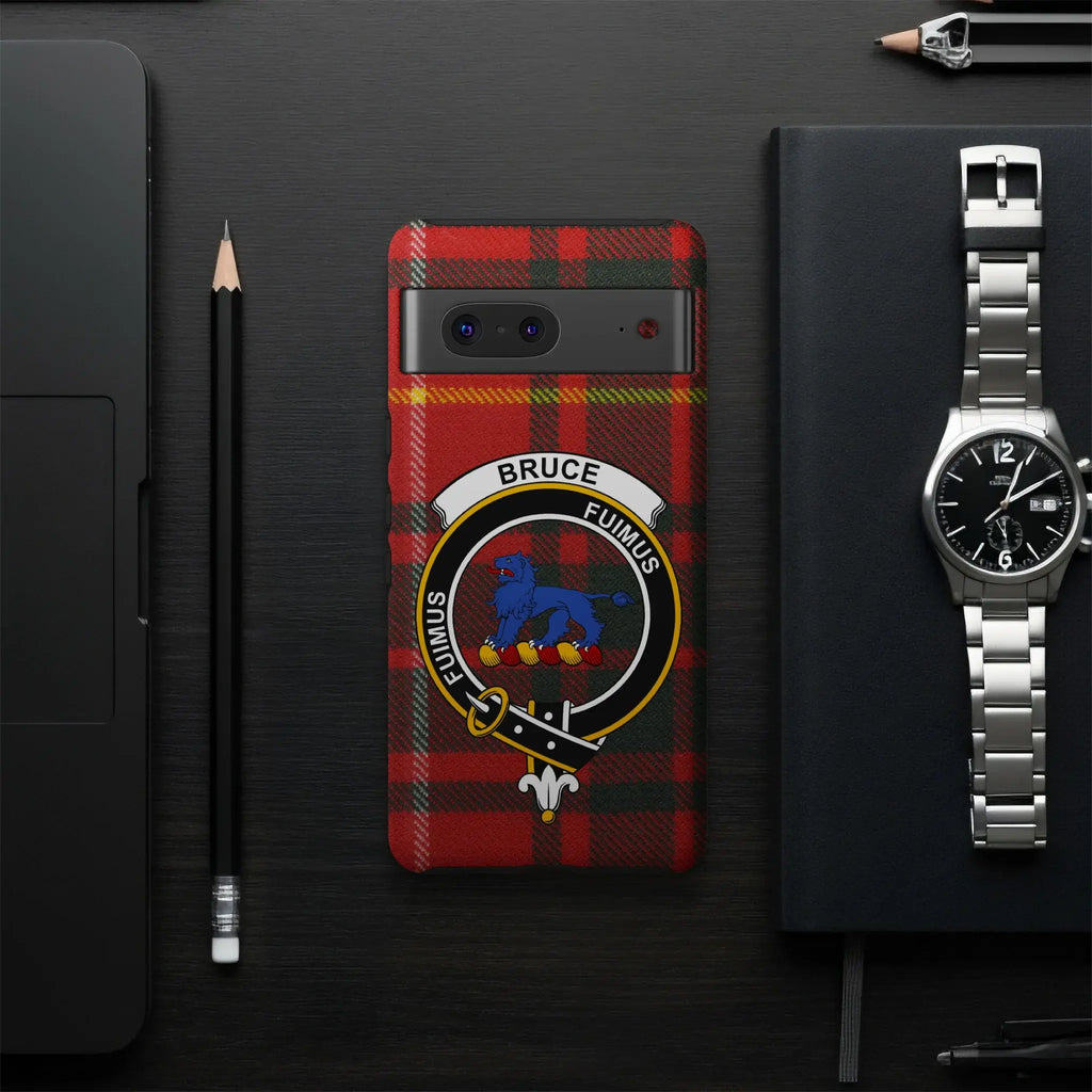 Bruce tartan phone case flat lay — full red-yellow clan crest print with Fuimus blue lion