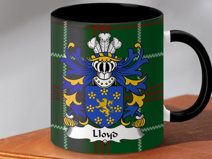 Lloyd Family Coat of Arms on Welsh Tartan Background Mug - Living Stone Gifts