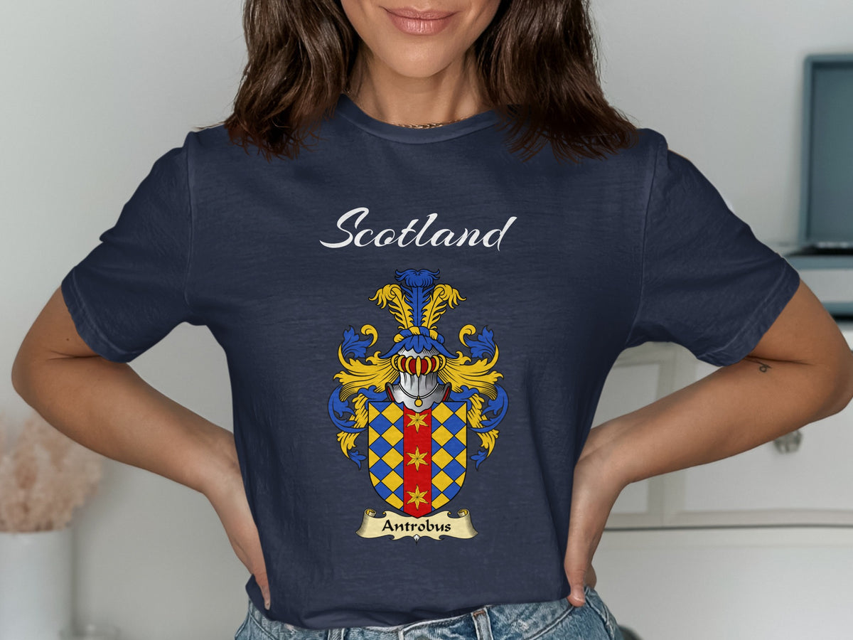 Antrobus Scottish family shield design on Navy T-shirt