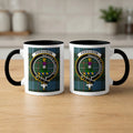Ferguson clan tartan mugs front and back — black handles and rims, crest design