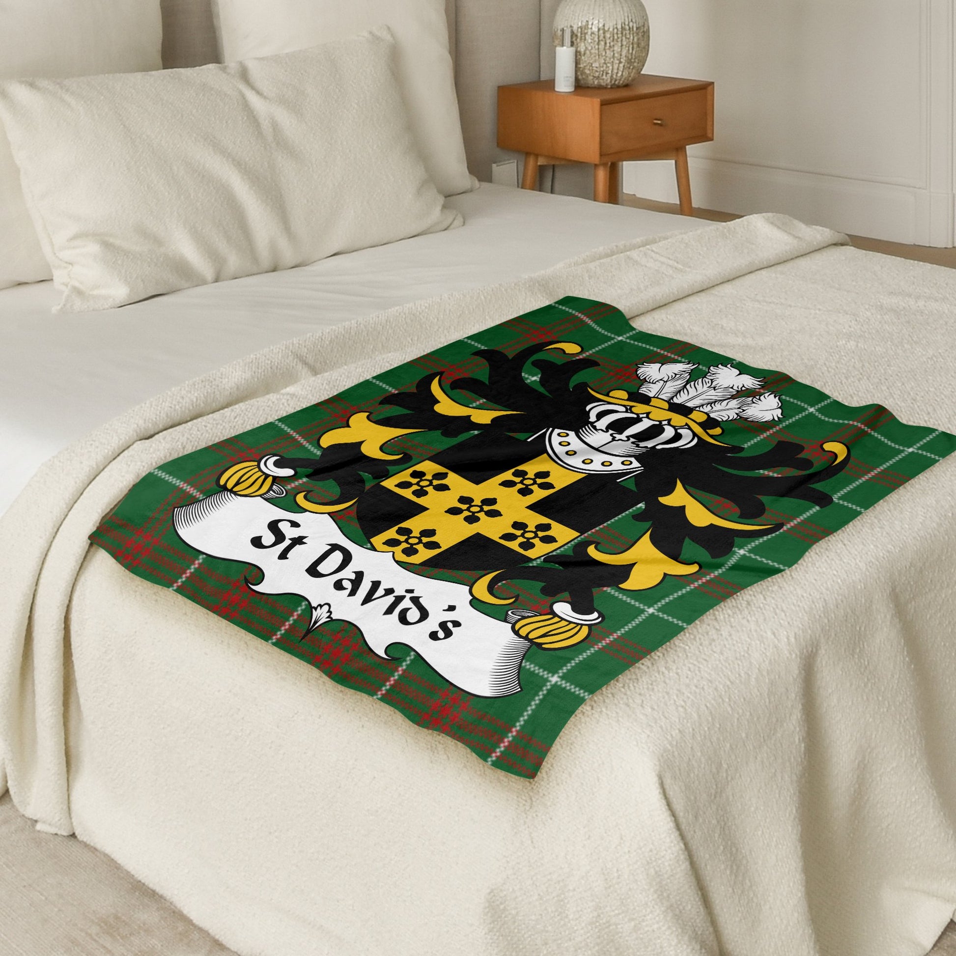 St David's Coat of Arms on Welsh National Tartan Blanket - Living Stone Gifts