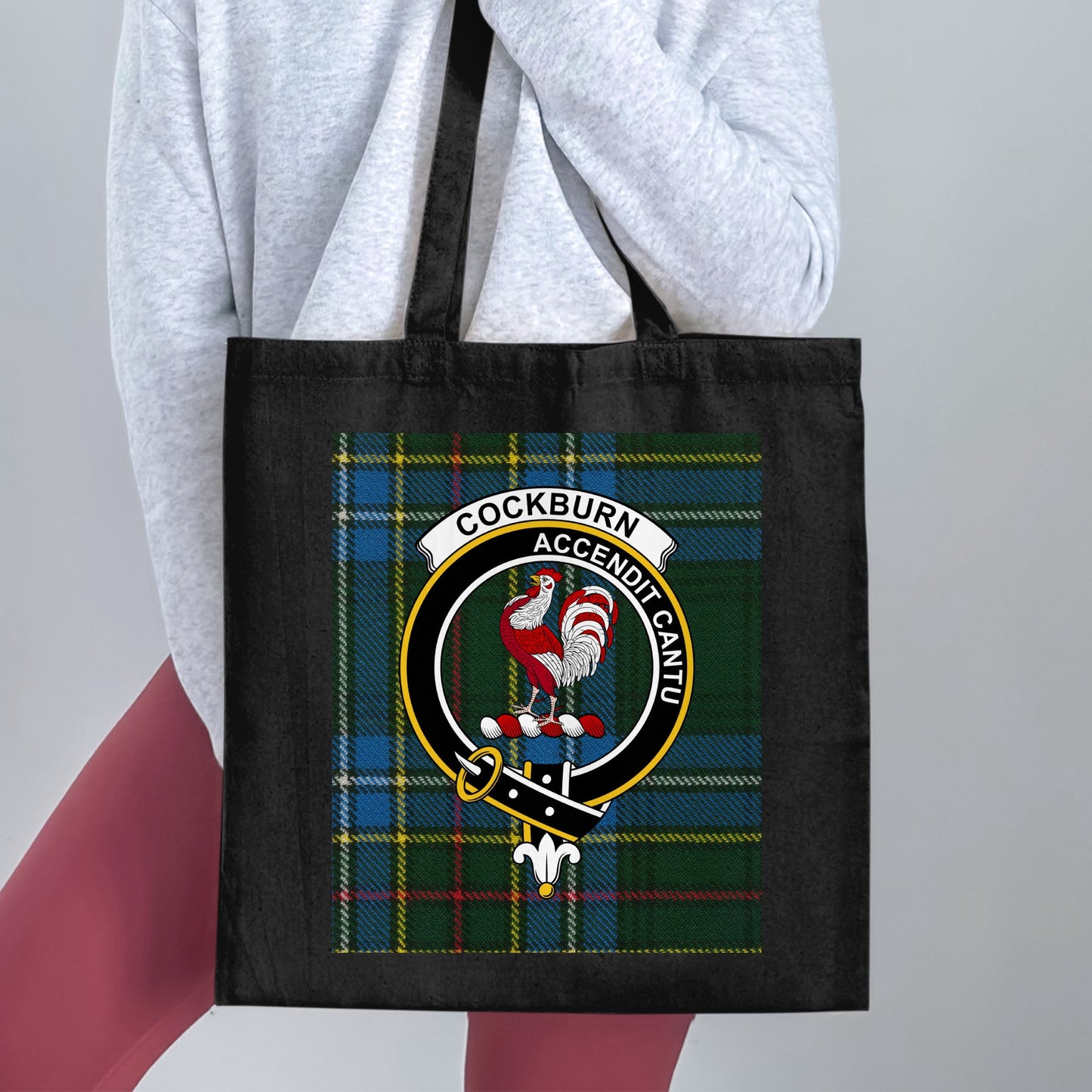 Cockburn Clan Crest on Tartan Scottish Background Tote Bag - Living Stone Gifts