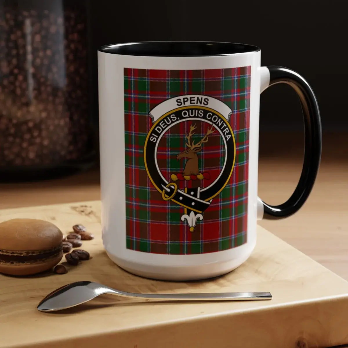 Spens clan crest tartan design mug — navy handle, Scottish heritage gift