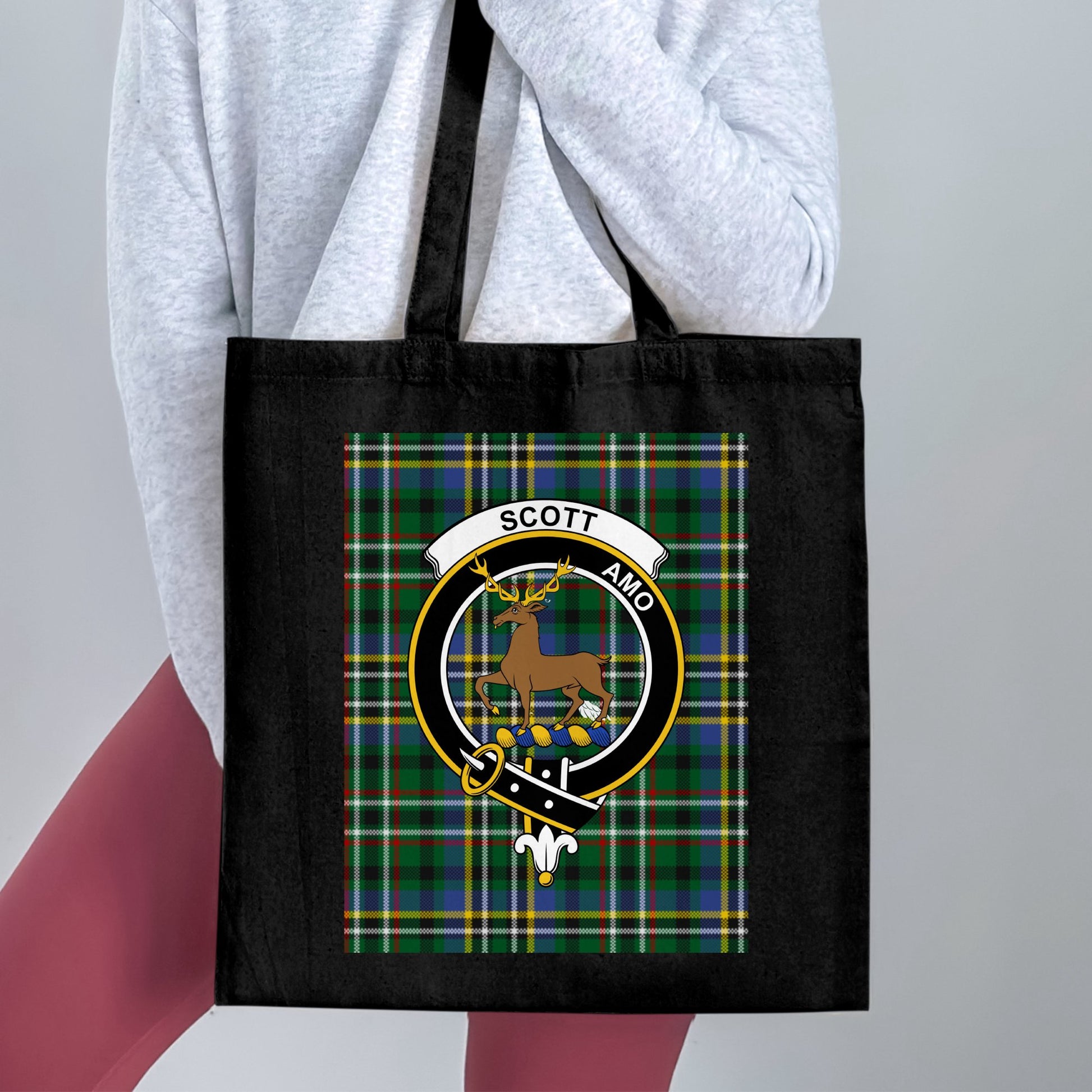 Scottish Clan Crest on Tartan Background Colorful Tote Bag - Living Stone Gifts