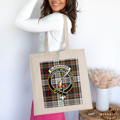 Blackadder Clan Crest on Tartan Background Tote Bag - Living Stone Gifts