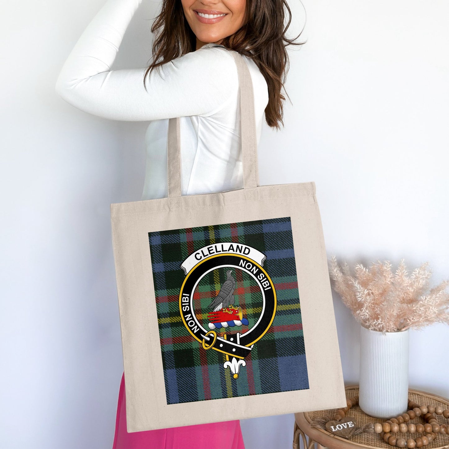 Clelland Clan Crest Scottish Tartan Background Tote Bag - Living Stone Gifts