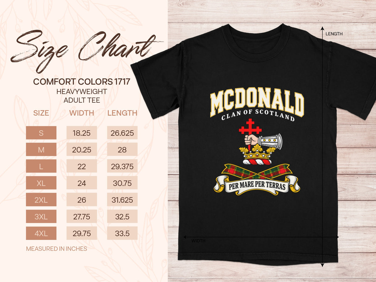 Comfort Colors 1717 size chart with shirt width and length in inches for sizes S to 4XL, beside the McDonald design.