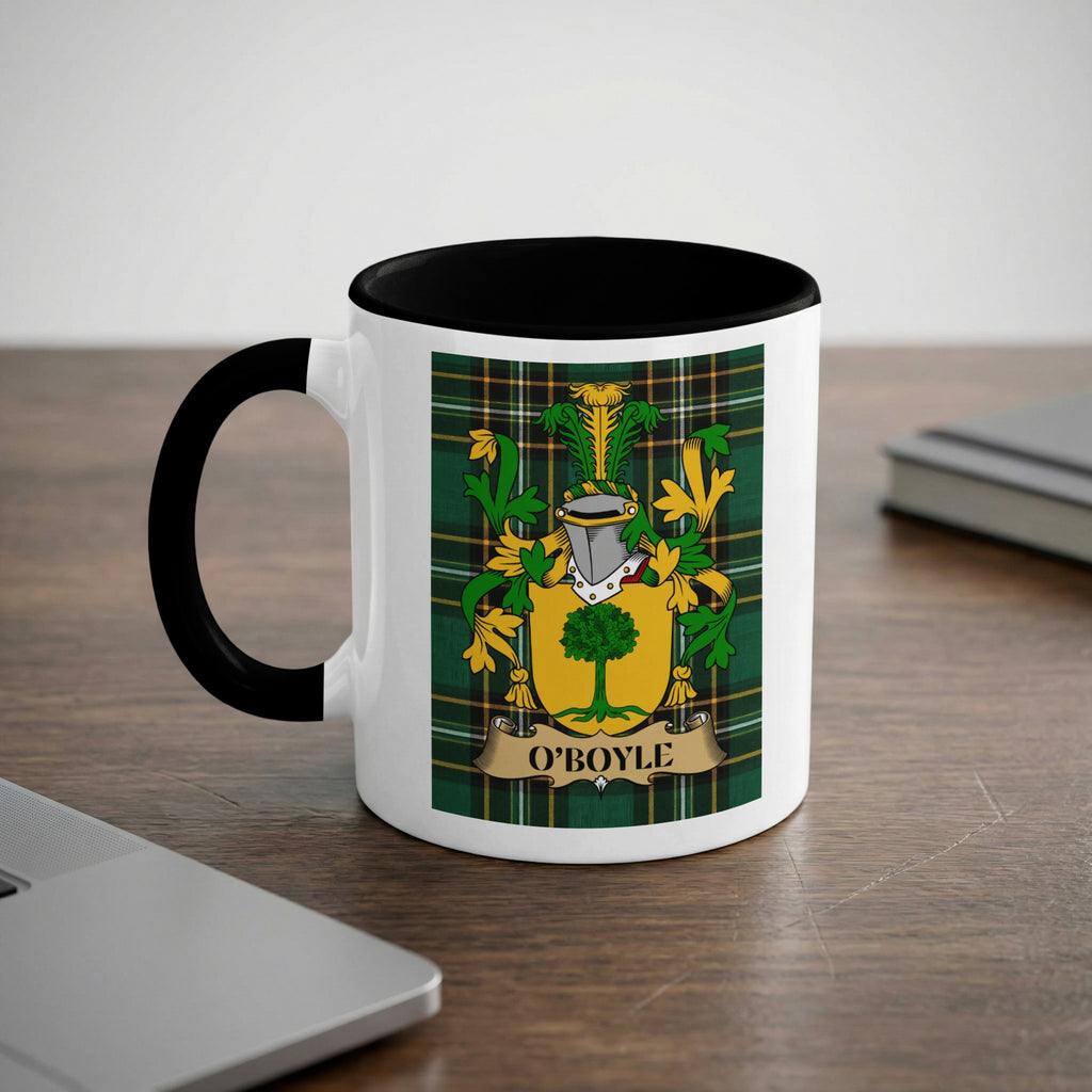 O'Boyle 11 oz black accent mug featuring Irish family crest and tartan