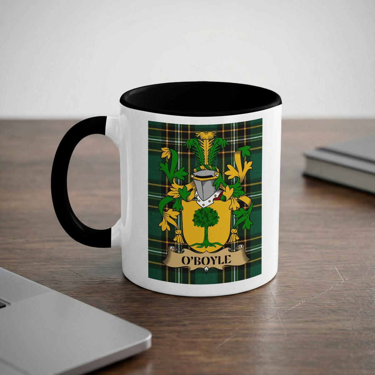 O'Boyle 11 oz black accent mug featuring Irish family crest and tartan