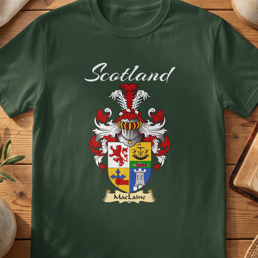 Forest Green MacLaine Scottish T-shirt featuring a quartered shield with an anchor and tower