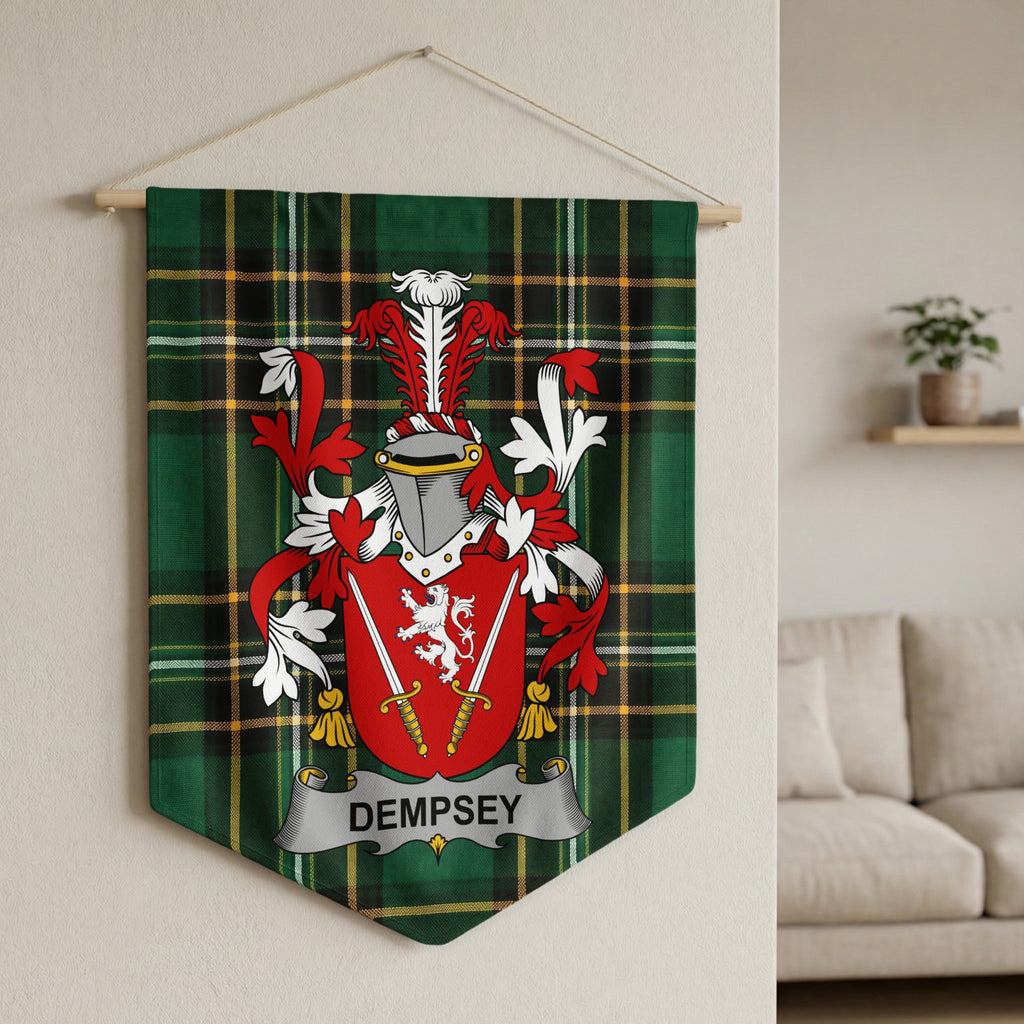Dempsey family crest banner with green tartan background.