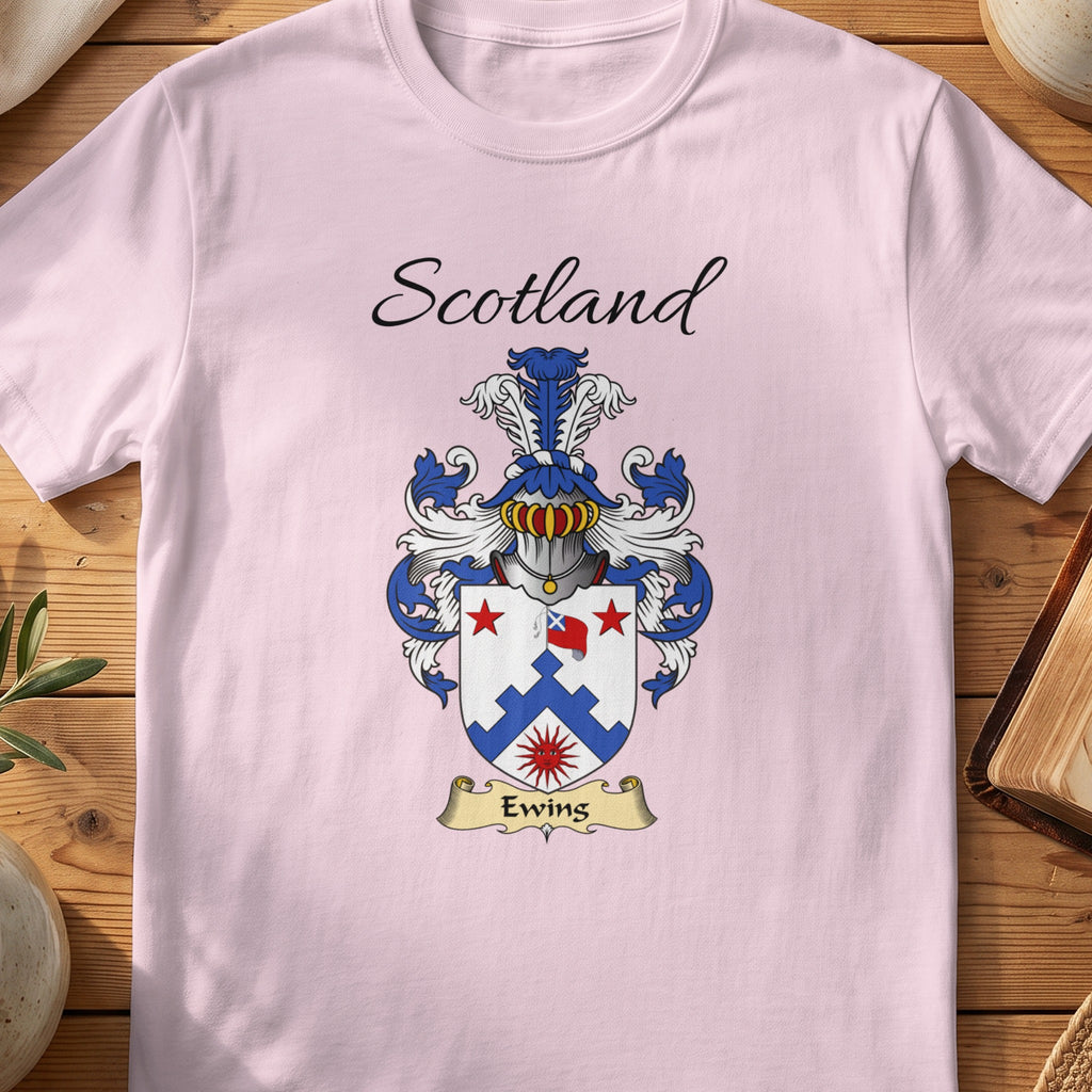 Light Pink Ewing Scottish family shield T-shirt featuring a blue stepped chevron with red stars