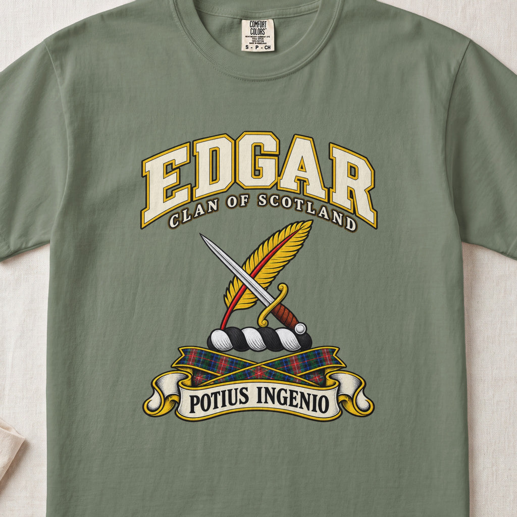 Edgar Scottish clan T-shirt in Moss, front view with a dagger crossed with a gold feather and motto banner.