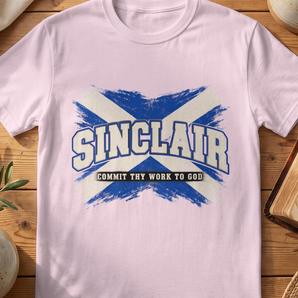 Sinclair Scottish Saltire T-shirt in Light Pink, with distressed blue and cream flag and “Commit Thy Work to God” lettering.