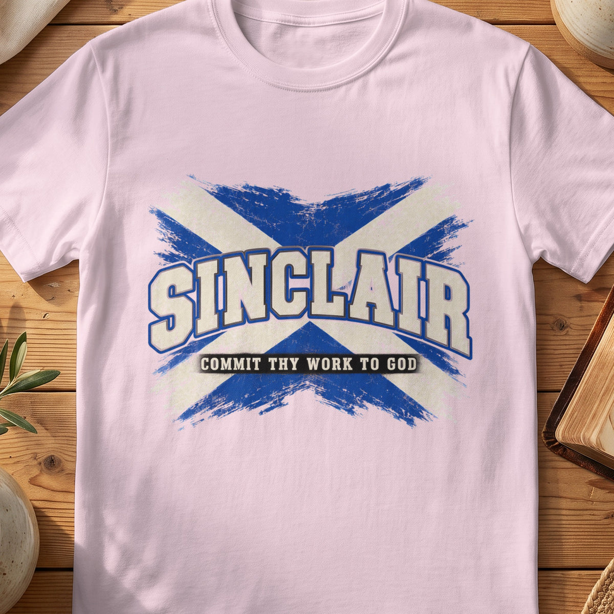 Sinclair Scottish Saltire T-shirt in Light Pink, with distressed blue and cream flag and “Commit Thy Work to God” lettering.