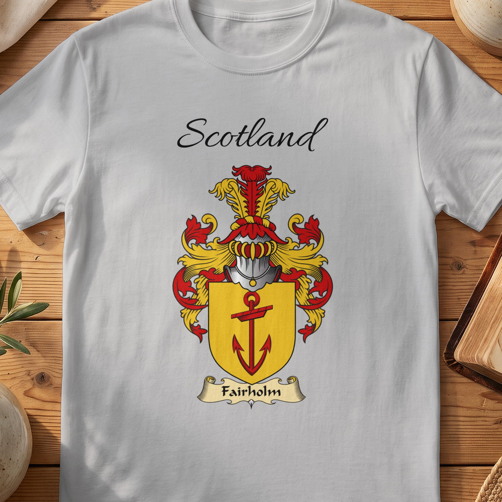 Sport Grey Fairholm Scottish family shield T-shirt featuring a red anchor on a gold shield