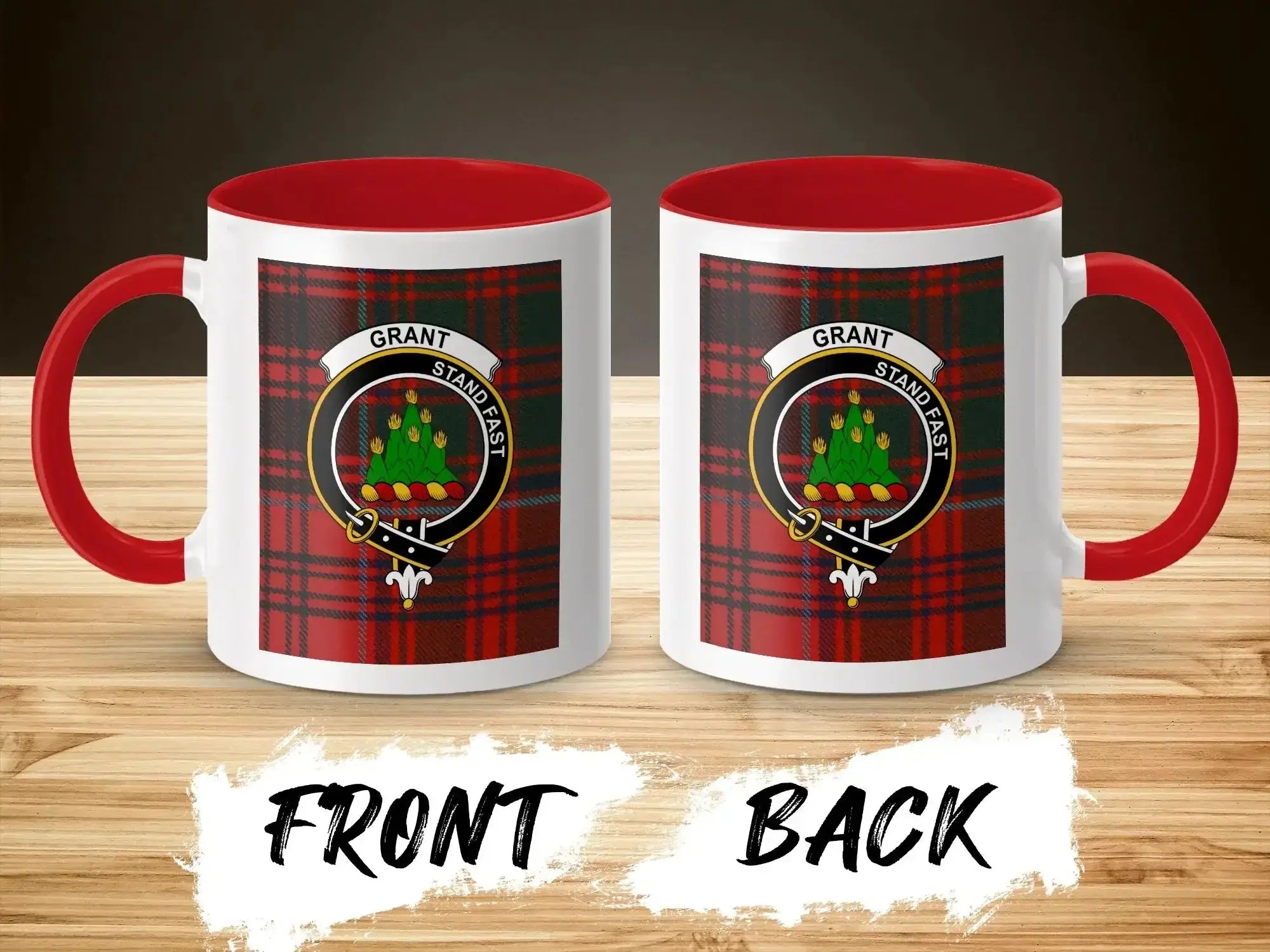 Grant Stand Fast accent mug 11oz with red handle — red and green tartan design on ceramic