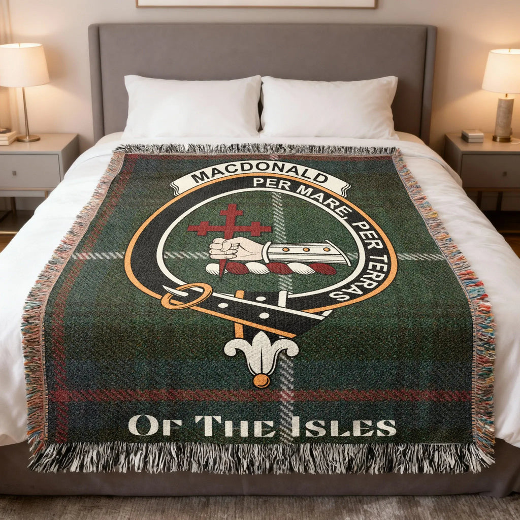 MacDonald of the Isles clan crest tartan woven blanket — stylish comfort decor, 100% cotton