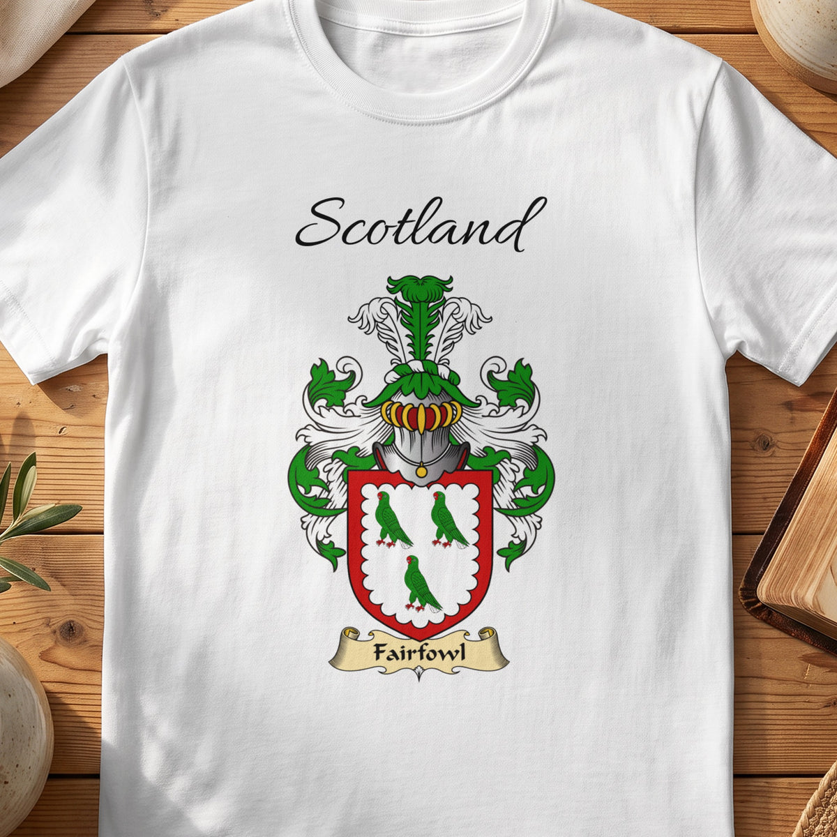 White Fairfowl Scottish family shield T-shirt featuring three green birds within a red border
