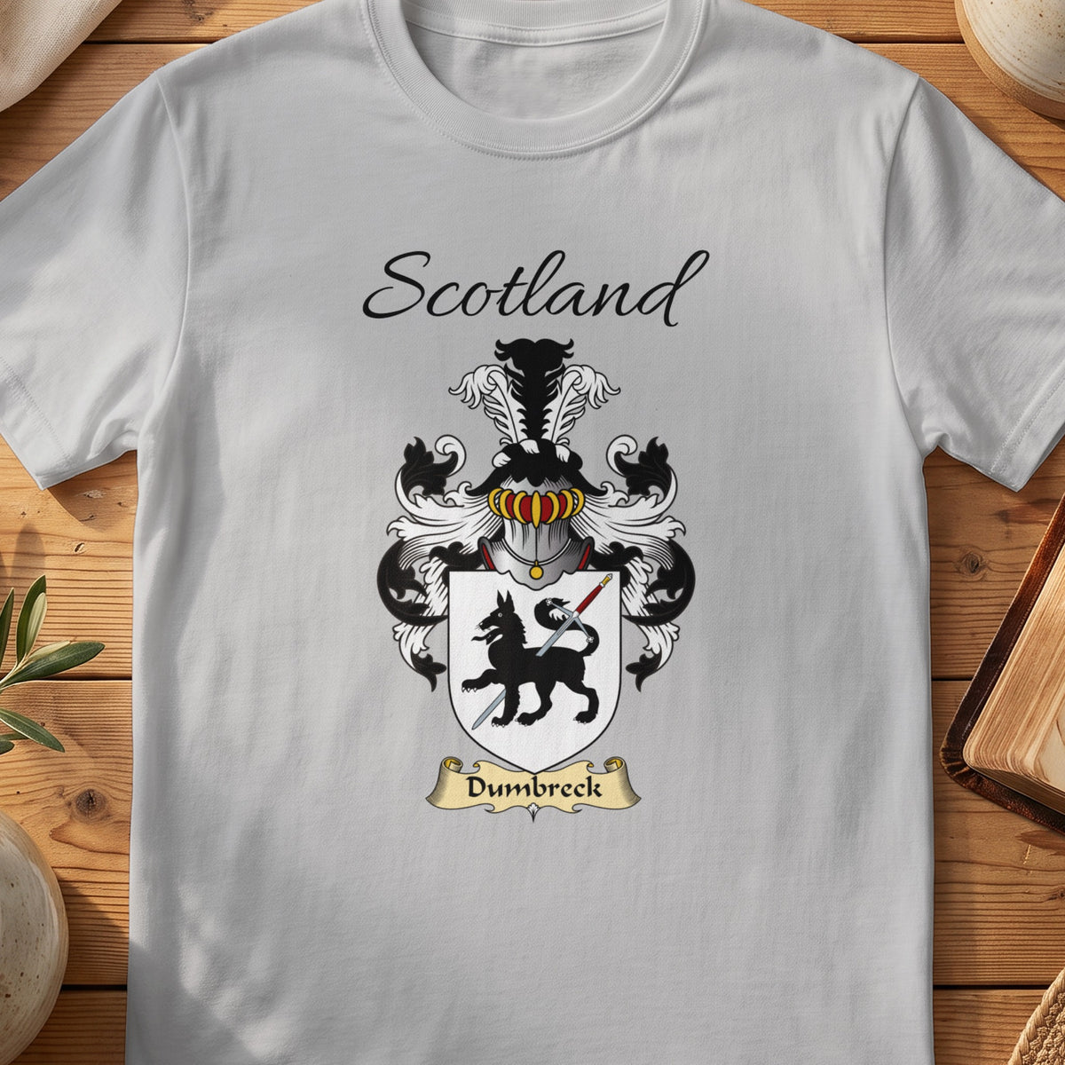 Sport Grey Dumbreck Scottish family shield T-shirt featuring a black animal holding a spear on white