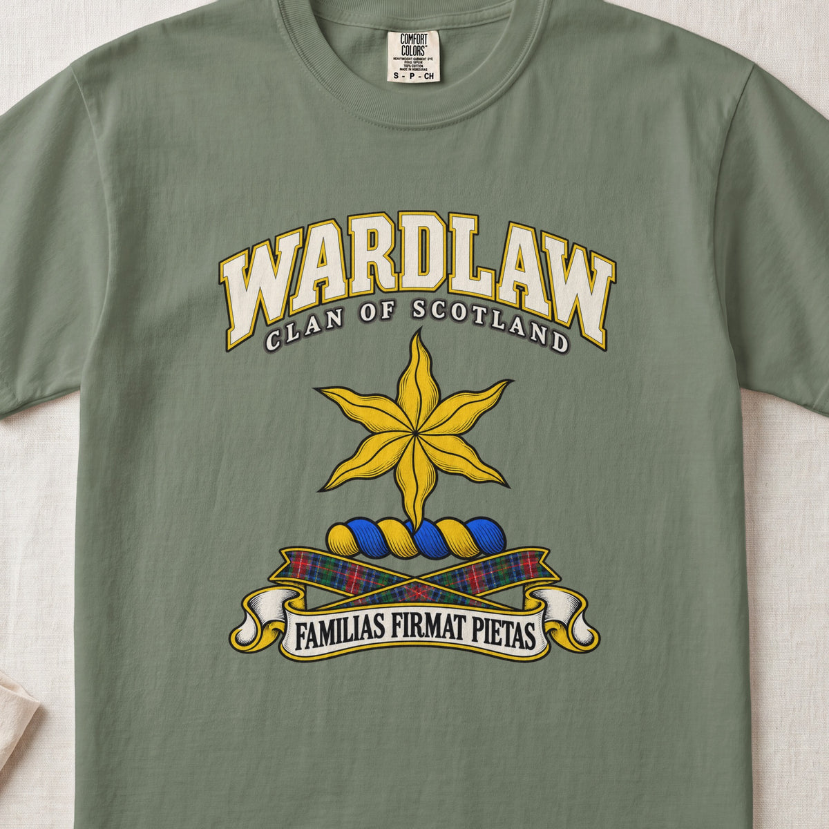Wardlaw Scottish clan T-shirt in Moss, front view with a golden star with wavy points and motto design.