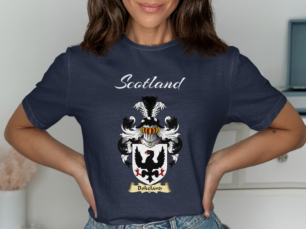 Bokeland Scottish family shield design on Navy T-shirt