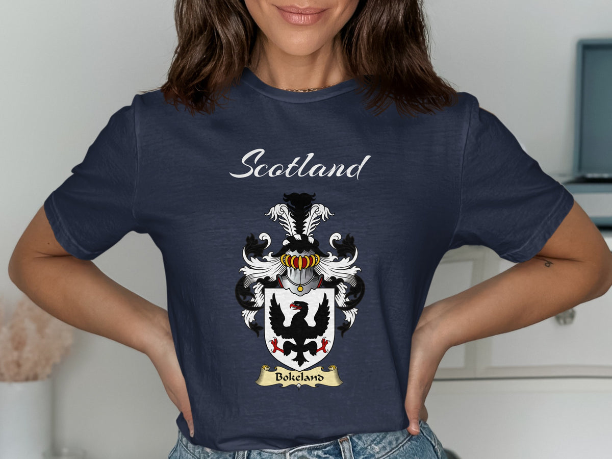 Bokeland Scottish family shield design on Navy T-shirt