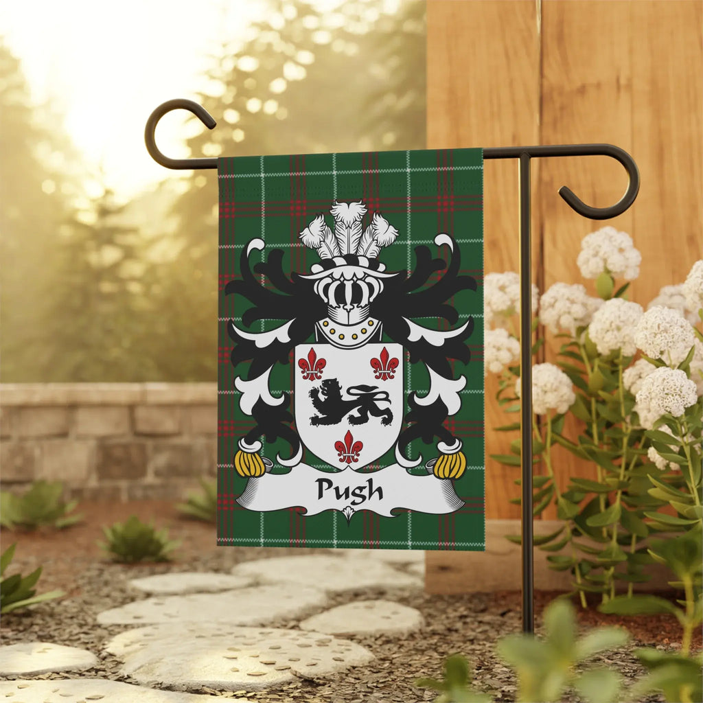 Green plaid garden flag displaying a family crest with the name "Push".